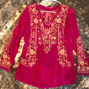 Fuchsia embroidered silk top